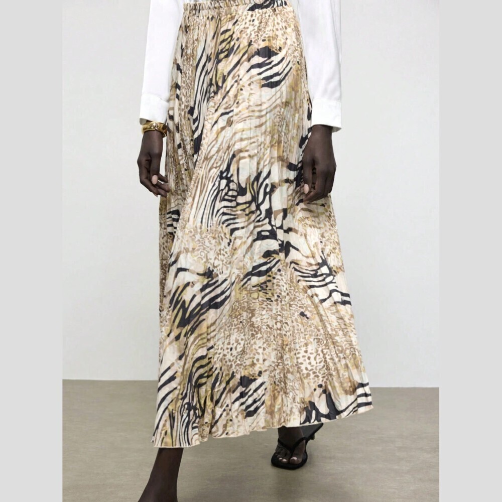 Tan Mixed Animal Print Pleated Elastic Waist Maxi Skirt